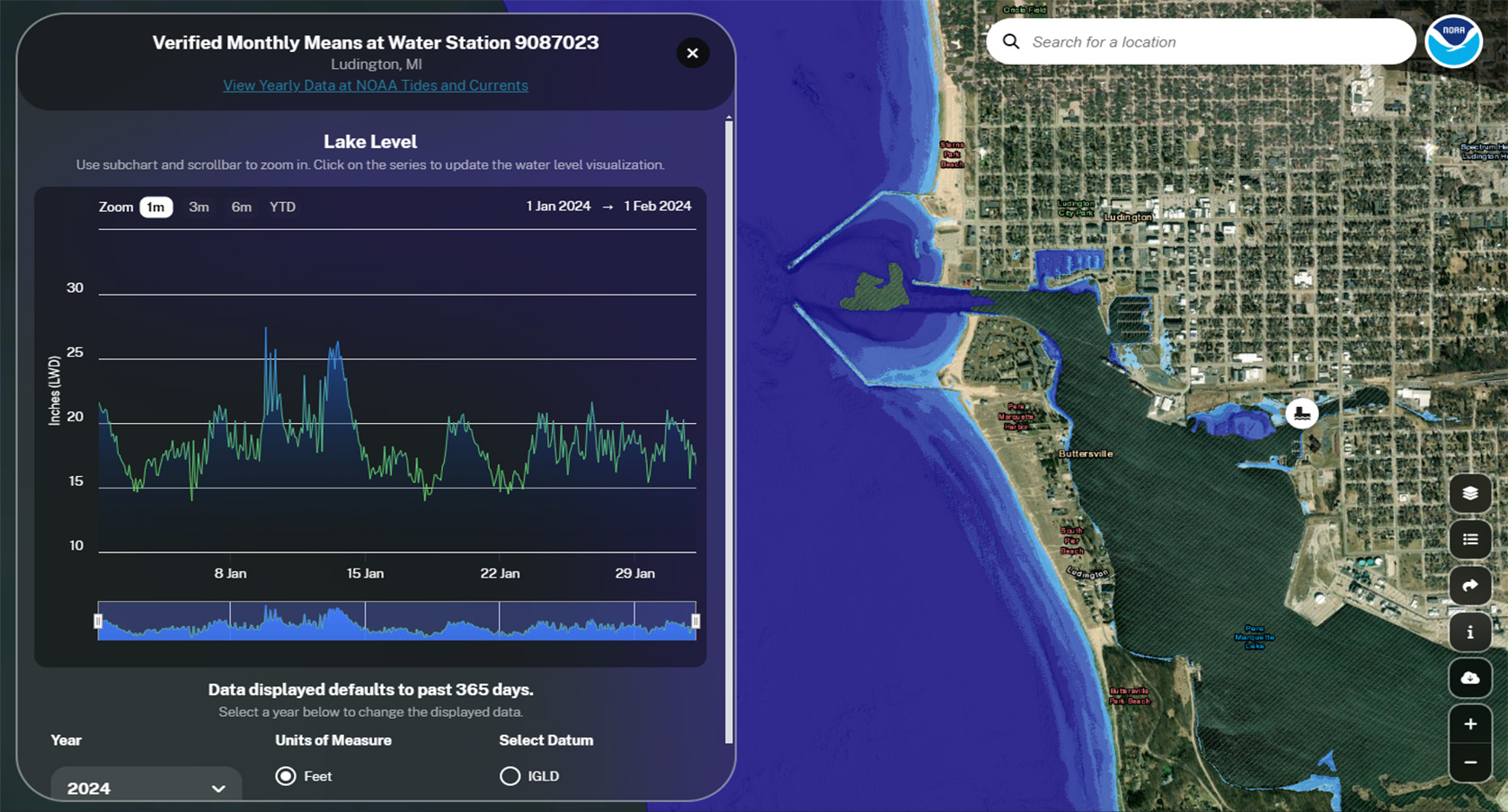 Thanks to funding from the Bipartisan Infrastructure Law, NOAA’s Lake Level Viewer was updated with a variety of enhancements that significantly improve functionality.



Updates include: 

Customized settings to visualize Great Lake-specific historical and current water levels and associated inundation;

Faster, dynamic rendering of water levels, which allows users to interact with water level data and inundation, and depths covering a range of 13 feet; and 

Improved photo simulations.

NOAA land cover data and social vulnerability data are now available within the viewer; and the site now makes it

Easier to download all elevation and inundation data.